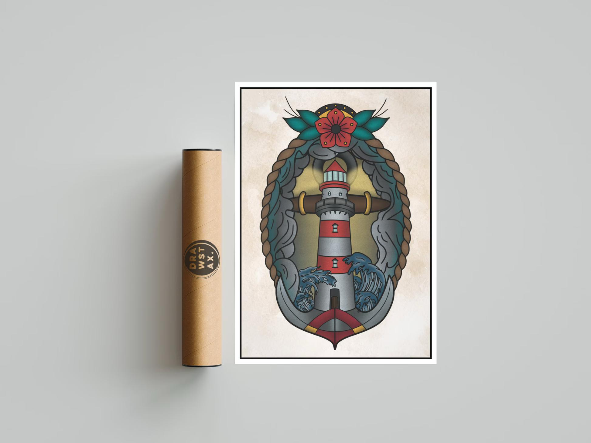 Stormy Lighthouse Tattoo Flash Art Print | American Traditional Nautical Poster | Old School Sailor Style Wall Art