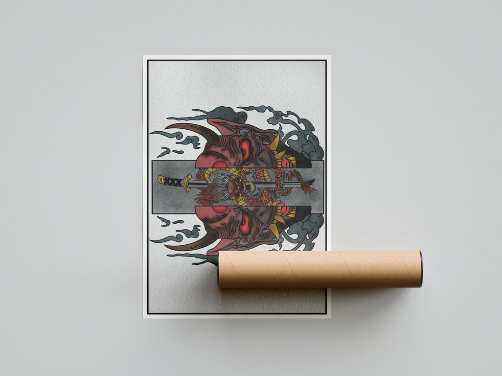 Japanese Oni Mask and Blade Print | Yokai | Japanese Folklore | Japanese Art | Traditional Tattoo | Flash Art | Tattoo Art Print