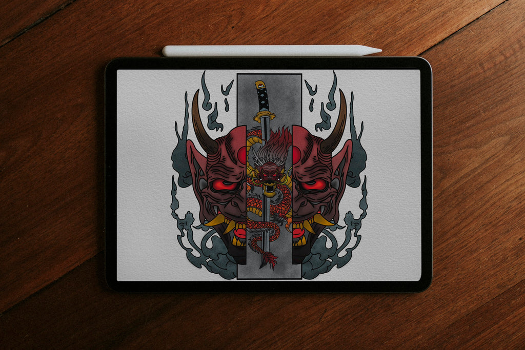 Japanese Oni Mask and Blade Print | Yokai | Japanese Folklore | Japanese Art | Traditional Tattoo | Flash Art | Tattoo Art Print