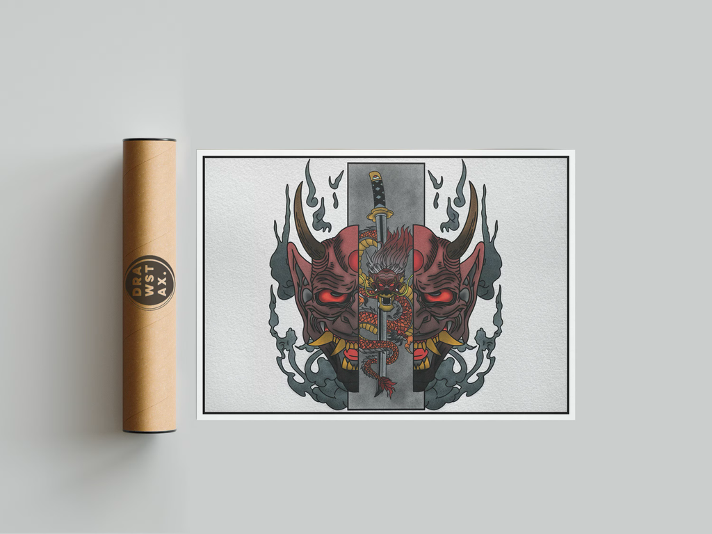 Japanese Oni Mask and Blade Print | Yokai | Japanese Folklore | Japanese Art | Traditional Tattoo | Flash Art | Tattoo Art Print
